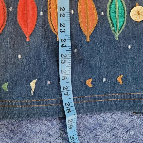 Embroidered sequins colorful blue jean denim shirt jacket shacket M Boho Artsy - Picture 7 of 9